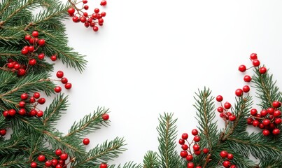 Christmas composition flatlay. Spruce branches, red berries on white background with space for text