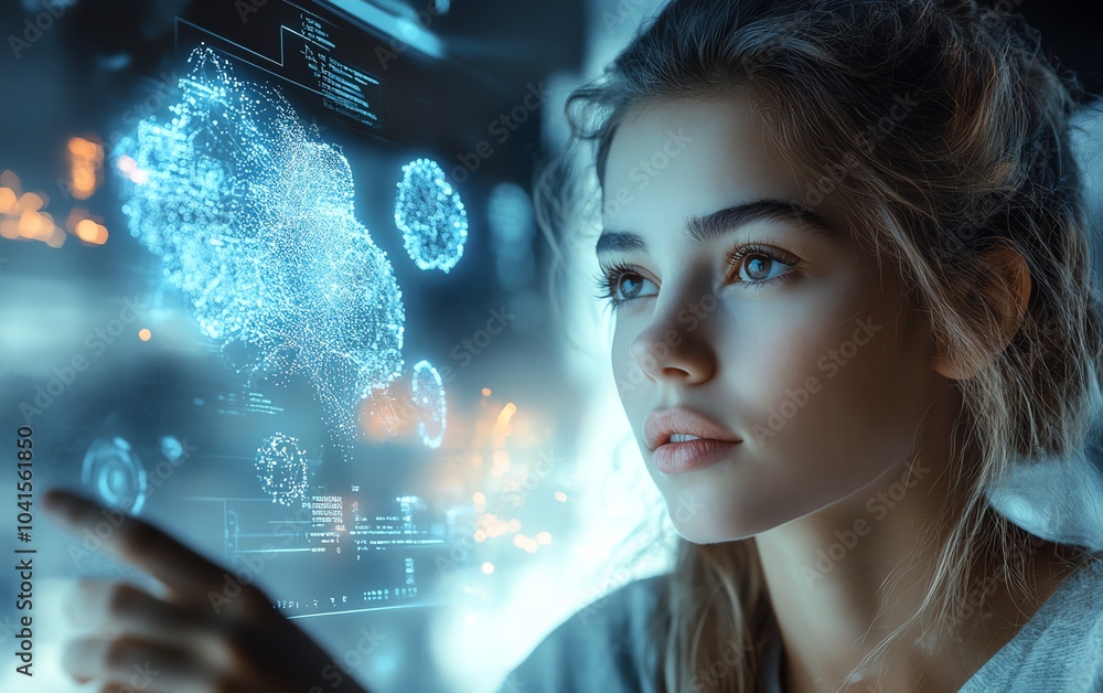 Poster businesswoman interacting with a cloud system to manage digital documents, 3d rendering, dynamic and