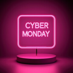 A neon sign displays "CYBER MONDAY" on a pink background, emphasizing online shopping deals and promotions.