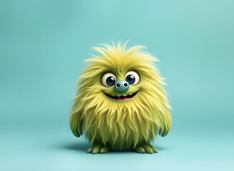 Obraz premium Funny fluffy green monster on a turquoise background. Joyful and fluffy little monster. Cute yeti. Halloween character.