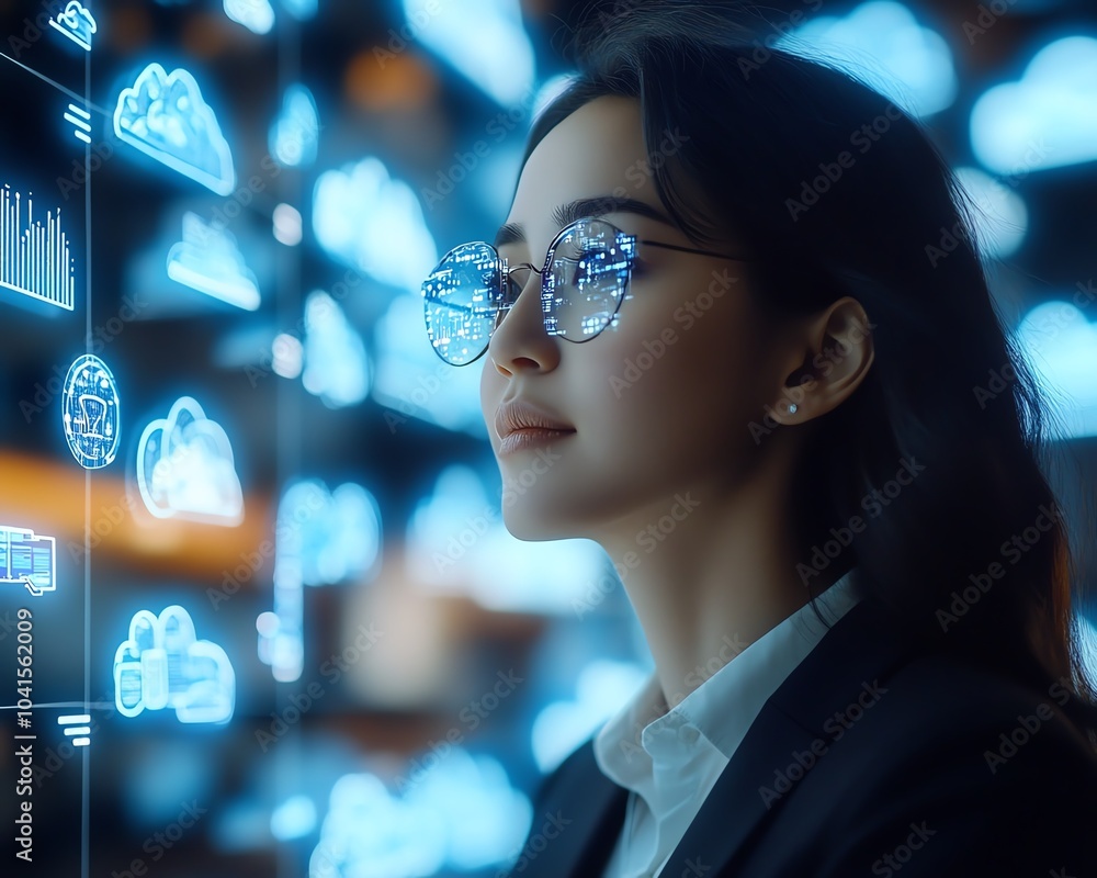 Poster businesswoman utilizing a cloud system for digital document management, 3d rendering, dynamic visual