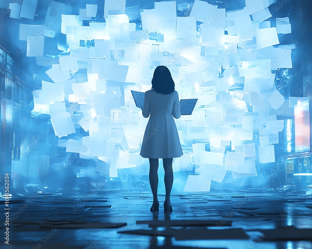 Aufkleber businesswoman utilizing a cloud system for digital document management, 3d rendering, dynamic visual