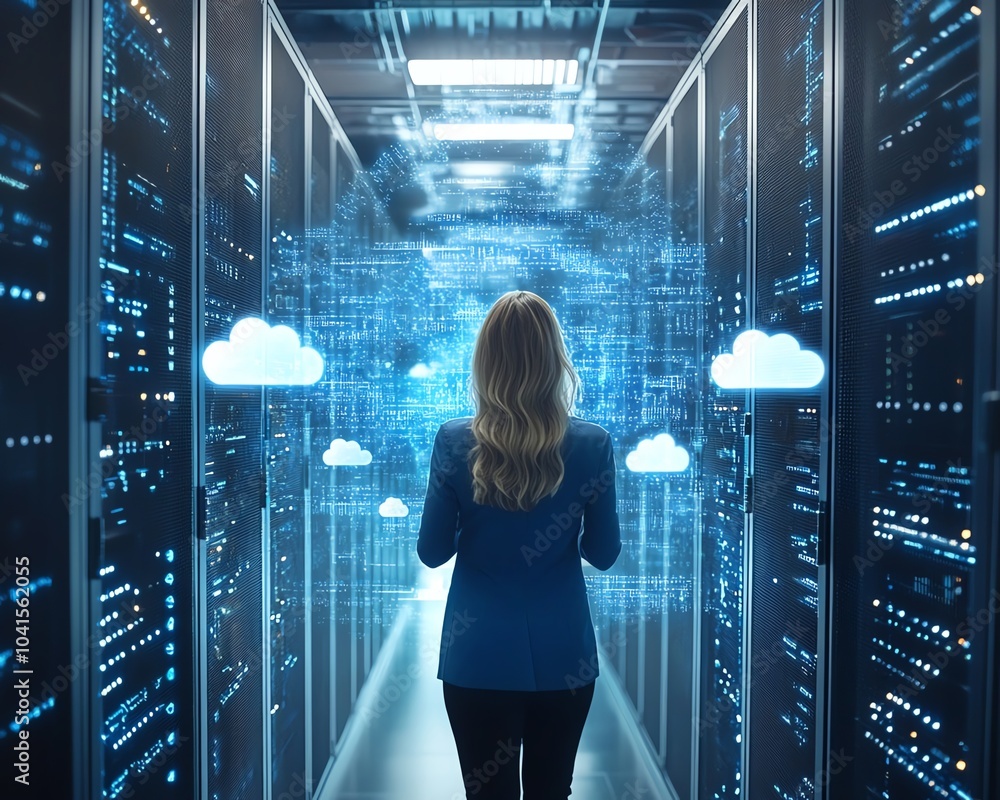 Leinwandbilder businesswoman utilizing a cloud system for digital document management, 3d rendering, dynamic visual