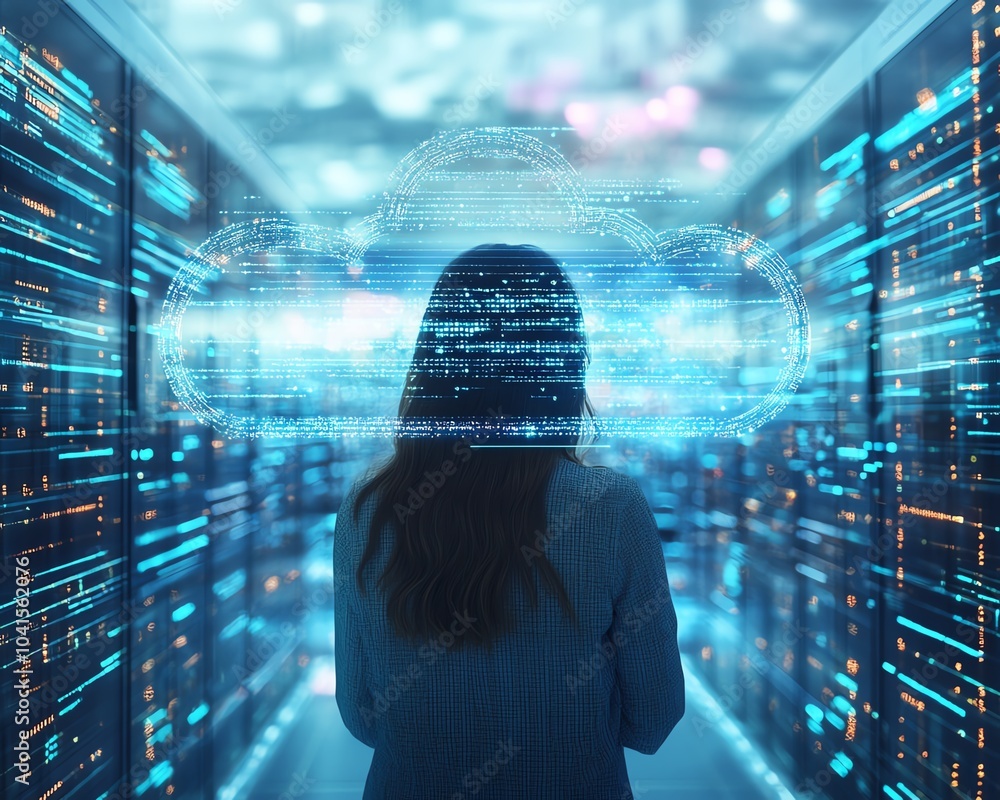 Leinwandbilder businesswoman utilizing a cloud system for digital document management, 3d rendering, dynamic visual
