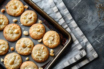 Macadamia cookies on vintage baking tray