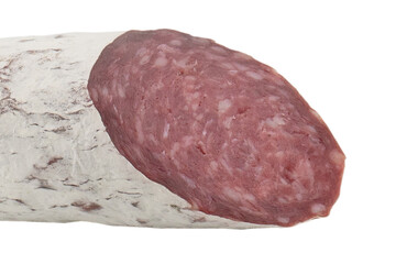 Top view of smoked chorizo sausages isolated on white background with clipping path. Raw smoked sausage isolated over white