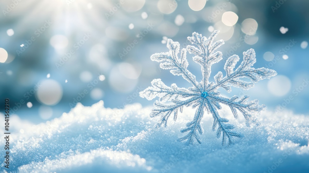 Poster elegant snowflakes adorned with decoration resting on snow with a blue natural backdrop featuring fa