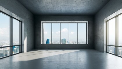 Fototapeta premium SImple empty concrete gallery interior with window and city view, mock up place on walls and daylight. Museum concept. 3D Rendering.