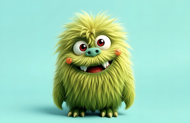 Naklejka premium Funny fluffy green monster on a turquoise background. Joyful and fluffy little monster. Cute yeti. Halloween character.