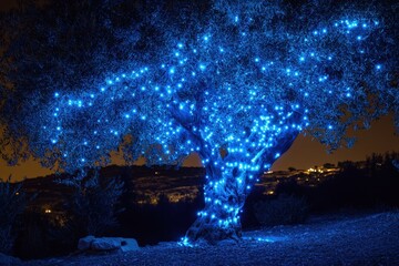 Blue String Lights. Festive Decoration with Lights on Olive Tree Background