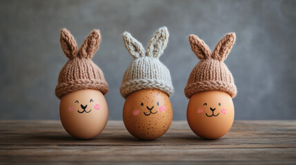 Three eggs wearing knitted bunny hats, Easter stock image