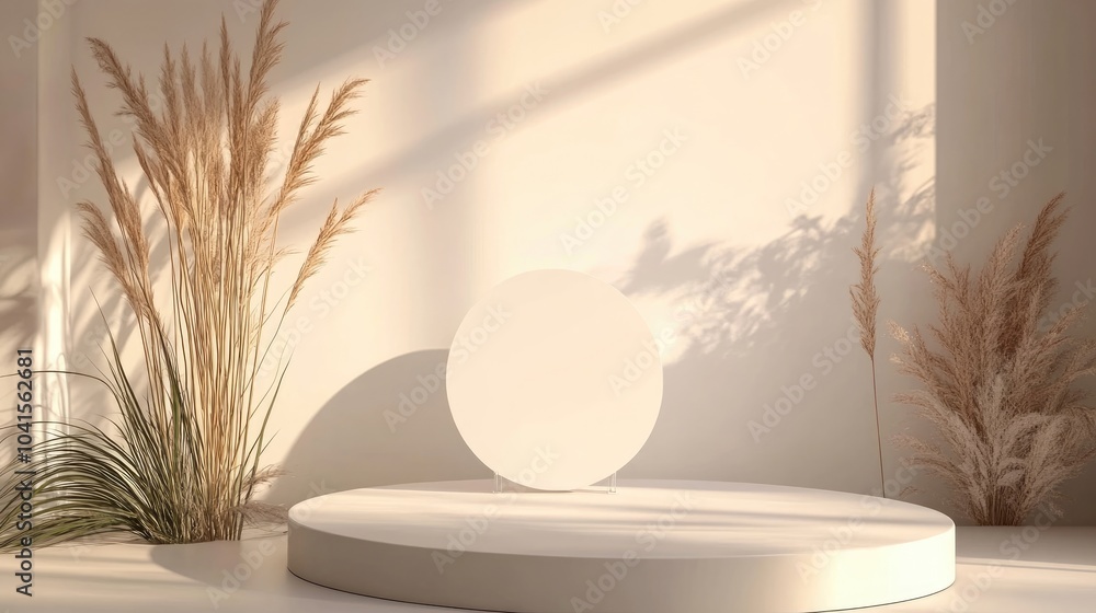 Poster studio podium backdrop ideal for product display featuring a blank showcase mockup with natural elem