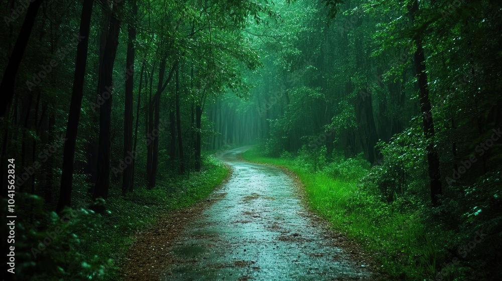 Poster tranquil pathway in a forest during light rain showcasing vibrant greenery