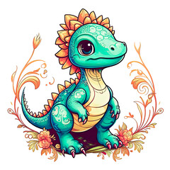 Fototapeta premium Cute little dinosaur on a white background, print for children, cartoon character.
