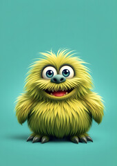Fototapeta premium Funny fluffy green monster on a turquoise background. Joyful and fluffy little monster. Cute yeti. Halloween character.