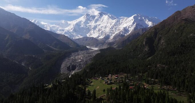 Nanga Parbat, Cinematic Establishing Drone Shot. 9th Tallest Mountain in World! Fairy Meadows, Pakistan. Rakhiot Glacier. Lush Green Forest