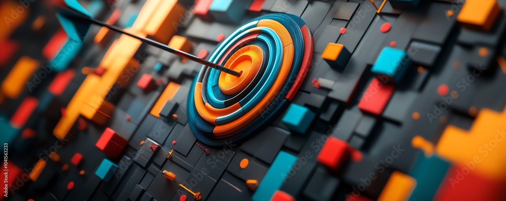Poster conceptual design for 2025 target featuring arrows and symbols representing business goals, 3d rende