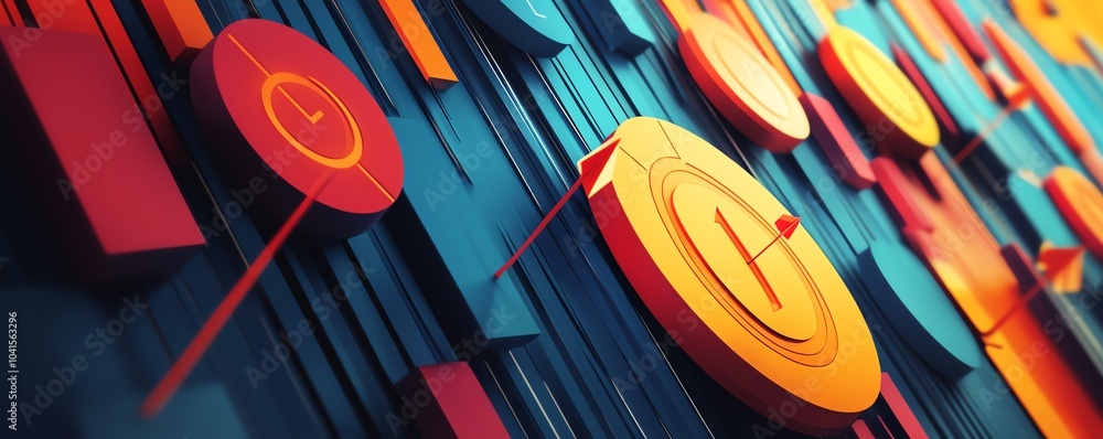 Poster Conceptual design for 2025 target featuring arrows and symbols representing business goals, 3D rendering, modern aesthetics, vibrant colors, dynamic composition