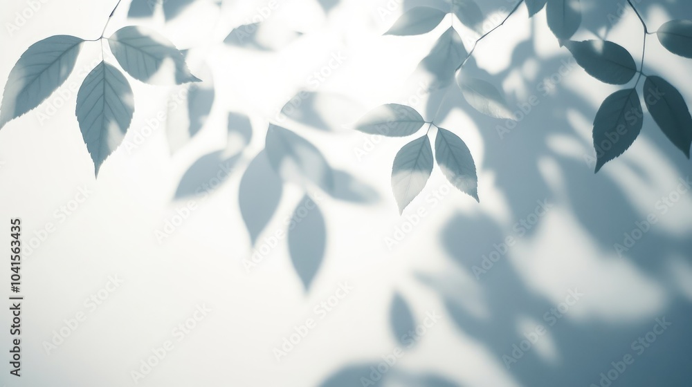 Poster Blurred leaf shadows on a white wall create a minimalist abstract background ideal for product displays Perfect for spring and summer themes