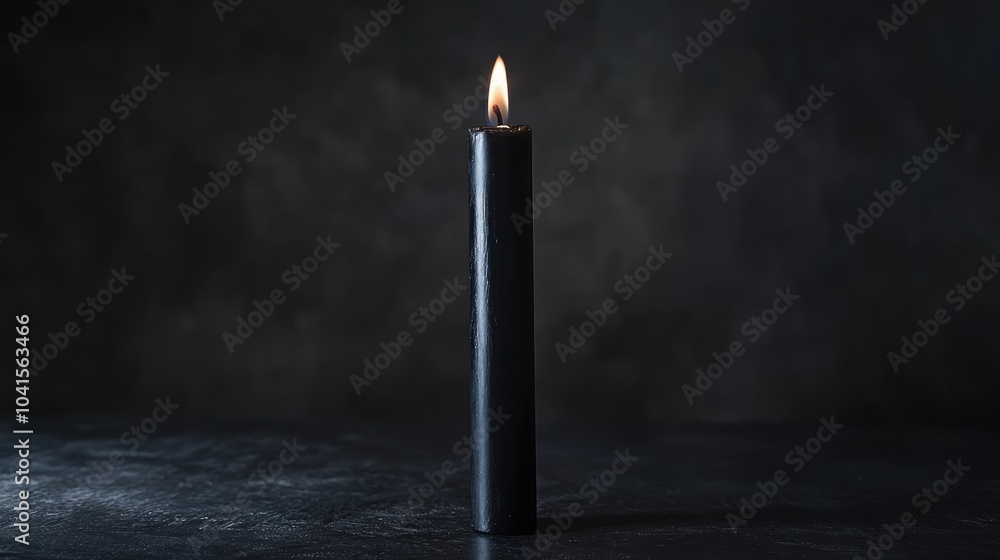Poster single long black wax candle on a dark background featuring ample copy space embodying minimalism an