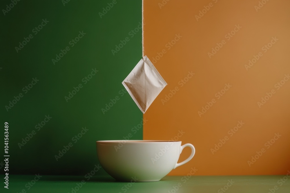 Aufkleber a tea bag is steeped in a white ceramic cup, creating a calming moment against a colorful backdrop. 