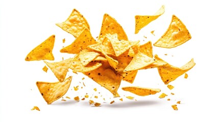 Delicious nacho chips in mid air cut out for a dynamic and appetizing visual