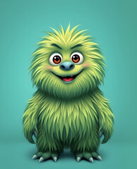 Obraz premium Funny fluffy green monster on a turquoise background. Joyful and fluffy little monster. Cute yeti. Halloween character.