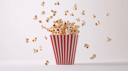 Popcorn bursts from a red and white striped container against a white background creating a playful scene with floating popcorn kernels