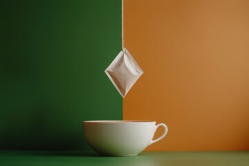 A tea bag is steeped in a white ceramic cup, creating a calming moment against a colorful backdrop. Generative AI