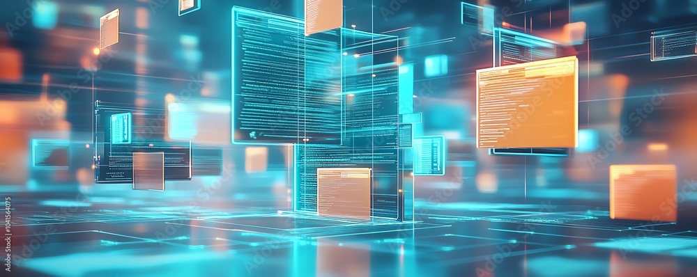 Poster Digital document management system showcasing virtual files, sleek and modern design, 3D rendering, efficient organizational structure, techfocused visuals