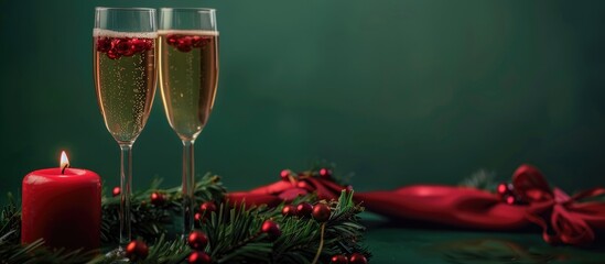 Two Glasses Of Champagne A Burning Red Candle A Wreath On A Green Background