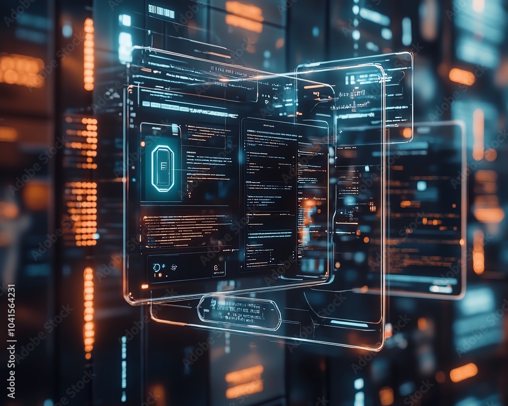 Poster Digital document management system concept with virtual interface, files in the background, 3D rendering, sleek and modern design, hightech visuals