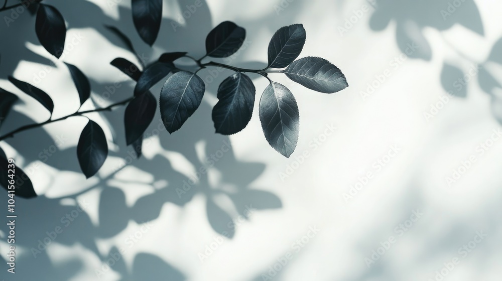 Poster Blurred leaf shadows on a white wall create a minimalist abstract background ideal for product displays Perfect for spring and summer themes