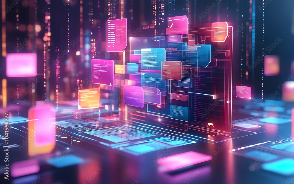 Aufkleber Digital document management system with virtual interface and background files, 3D rendering, modern and efficient design, techfocused visuals