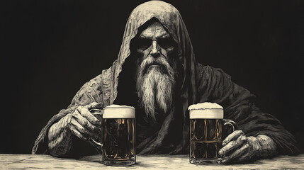 Engraved Sketch of a Monk with Beer Mugs - Vintage Illustration in Raster Format