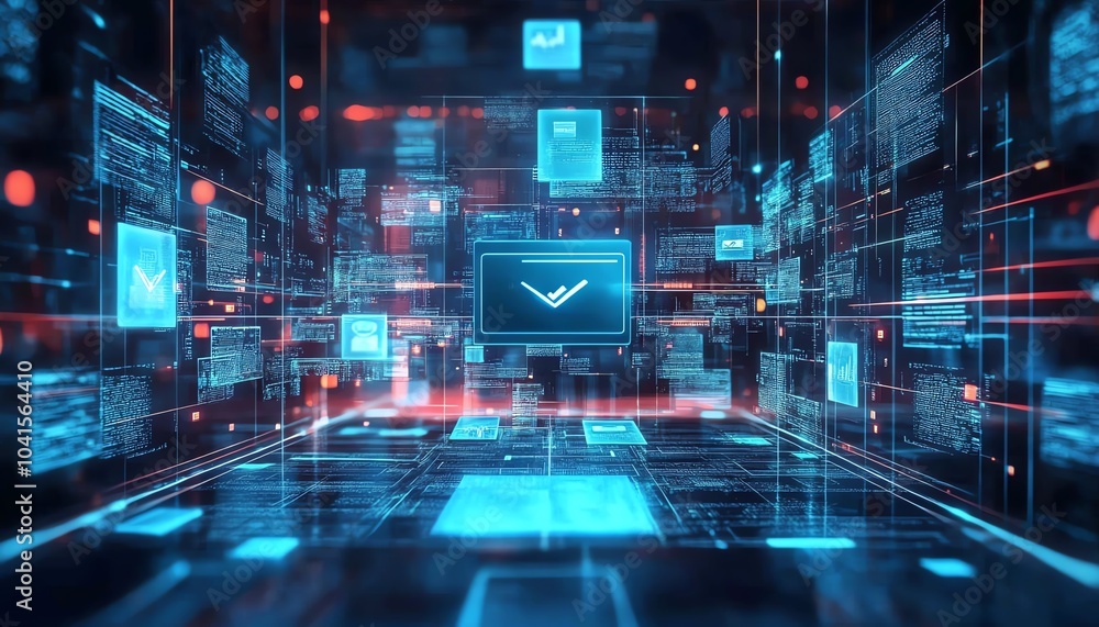 Poster Digital document management system concept with virtual interface, files in the background, 3D rendering, sleek and modern design, hightech visuals