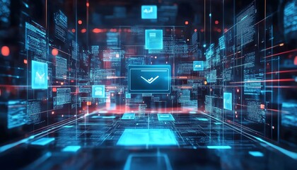 Obraz premium Digital document management system concept with virtual interface, files in the background, 3D rendering, sleek and modern design, hightech visuals