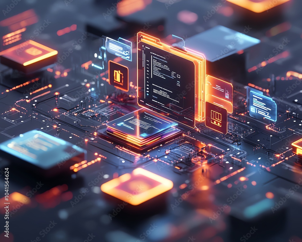 Poster Digital document management system concept featuring virtual files, modern interface, 3D rendering, sleek design, hightech visuals, organized layout