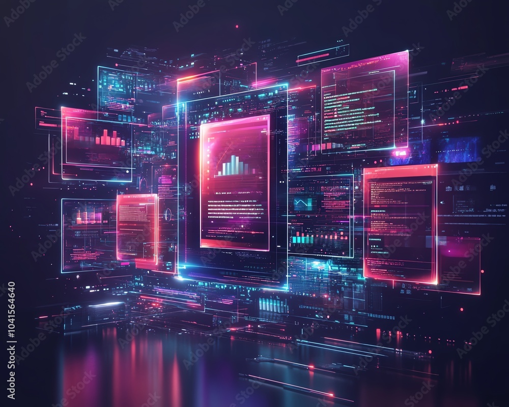 Poster Digital document management system concept featuring virtual files, modern interface, 3D rendering, sleek design, hightech visuals, organized layout