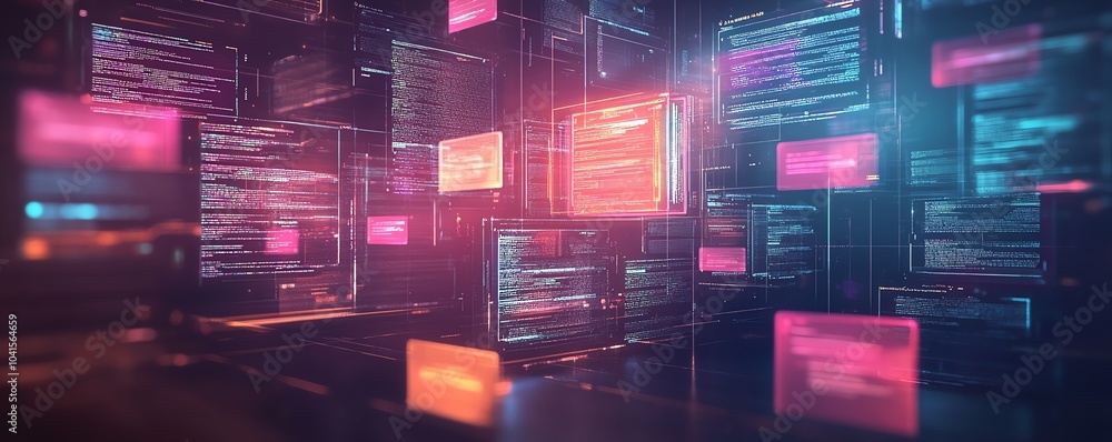 Poster Digital document management system concept with virtual interface, files in the background, 3D rendering, sleek and modern design, hightech visuals