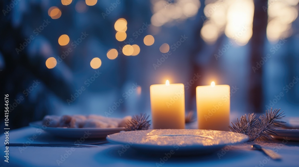 Aufkleber Candlelit table setting with soft glow against a blurred winter forest backdrop