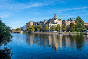 Motala Stream and Norrköping waterfront during early autumn in Sweden in the middle of September 2024