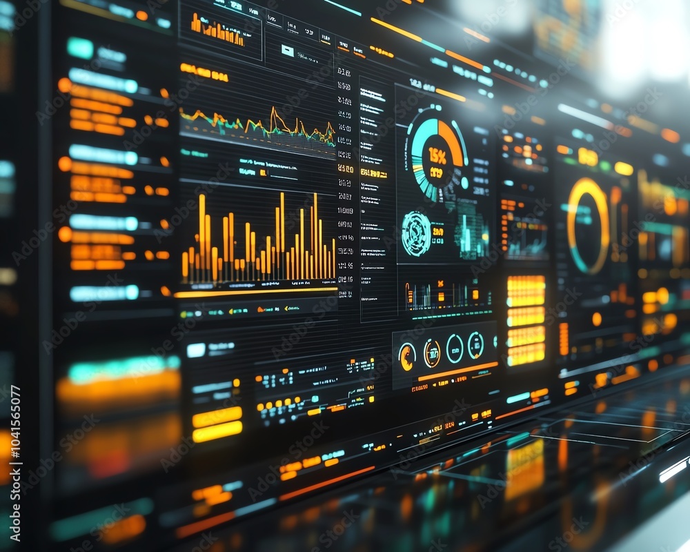 Poster Financial analysis interface with various charts and graphs displayed, 3D rendering, clean and organized layout, contemporary digital design
