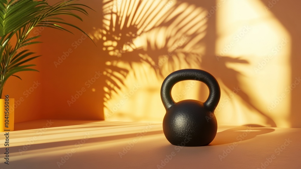 Poster A black kettlebell rests on a surface in a well-lit space, surrounded by subtle shadows and a touch of greenery, inviting exercise. Generative AI
