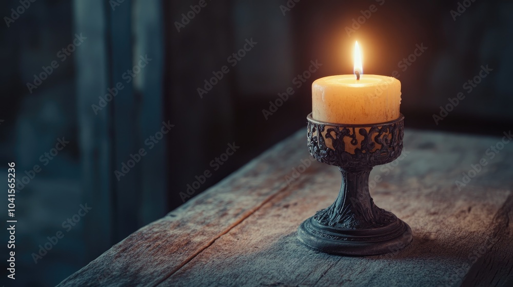 Poster a vintage scene features a lit candle in an ornate metal holder on a weathered wooden table creating