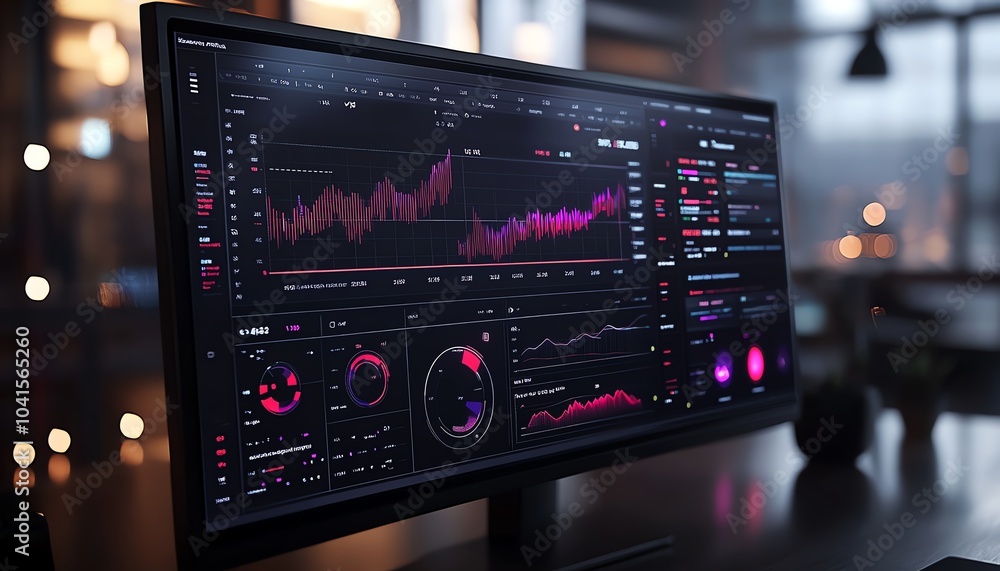 Poster Interactive digital financial analysis dashboard displaying charts and graphs, 3D rendering, modern aesthetics, professional and efficient design