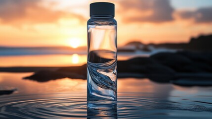 A modern water bottle showcasing swirling water inside presented on a reflective surface for a crisp and invigorating ambiance