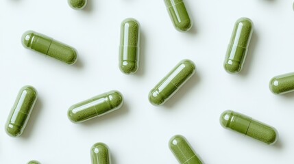 Green herbal capsule pills on a white background viewed from above