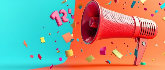 Megaphone with sale announcement and bold discount percentage symbol, 3D rendering, bright promotional colors, attentiongrabbing design