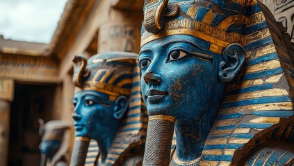 A close-up of an ancient Egyptian wall with hieroglyphs and ornate carvings